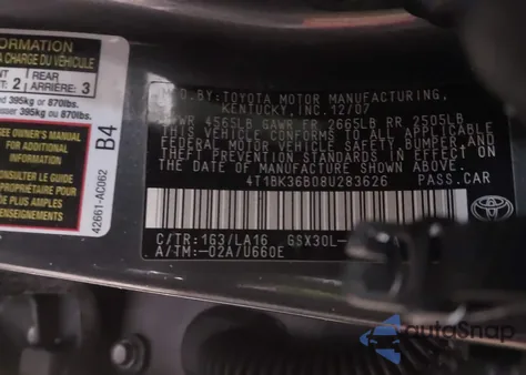 2008 Toyota Avalon Xls z USA, uszkodzony, nr VIN 4T1BK36B08U283626